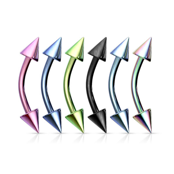 Gebogen barbell met spikes van chirurgisch staal met titanium coating in verschillende kleuren - Afbeelding 3