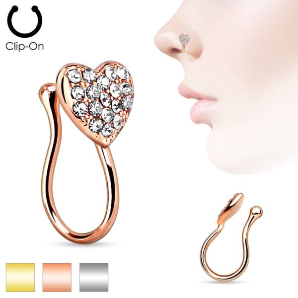 Neusclip piercing met hartje ingelegd met steentjes