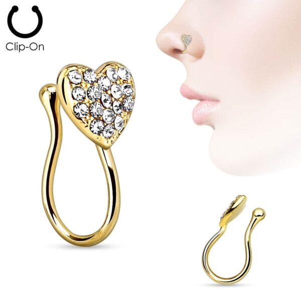 Neusclip piercing met hartje ingelegd met steentjes - Afbeelding 2