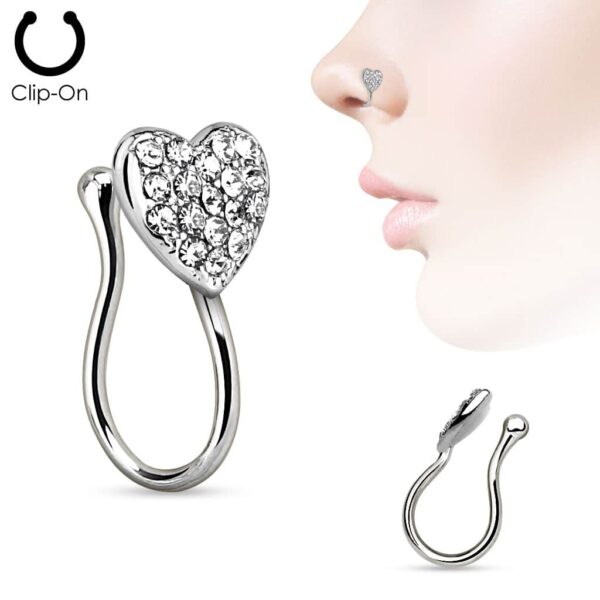 Neusclip piercing met hartje ingelegd met steentjes - Afbeelding 4