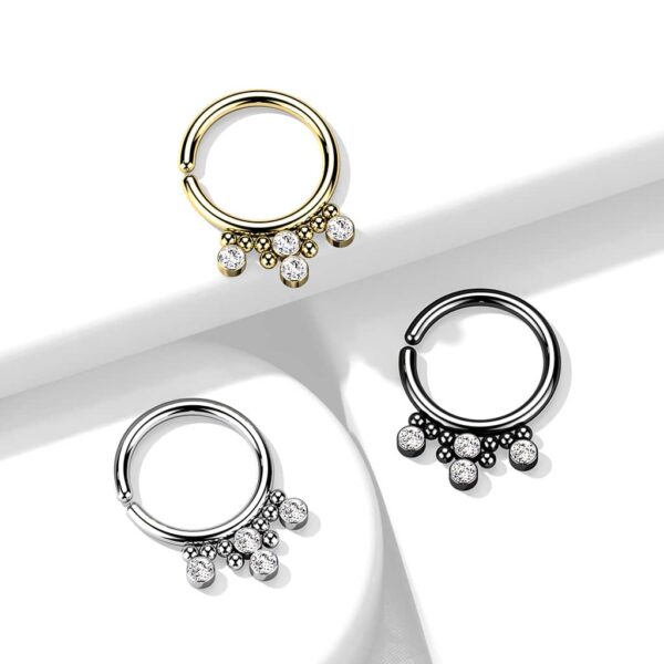 Buigbare piercing ring ing van 316L Chirurgisch Staal met 4 Ronde CZ Platte Ballen en Cluster Kralen