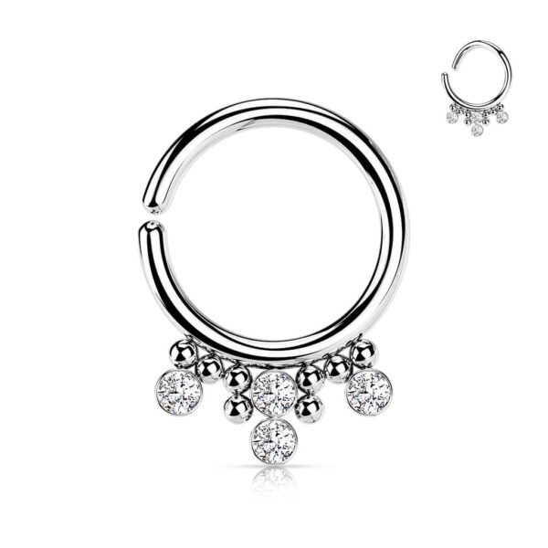 Buigbare piercing ring ing van 316L Chirurgisch Staal met 4 Ronde CZ Platte Ballen en Cluster Kralen - Afbeelding 7