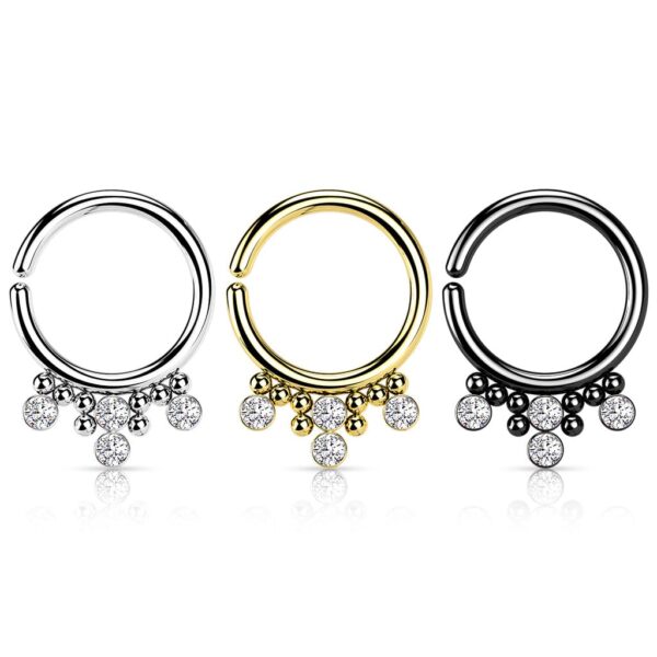 Buigbare piercing ring ing van 316L Chirurgisch Staal met 4 Ronde CZ Platte Ballen en Cluster Kralen - Afbeelding 6