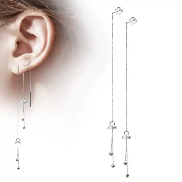 Paar threader oorbellen met hangende balletjes en steentjes - Afbeelding 2