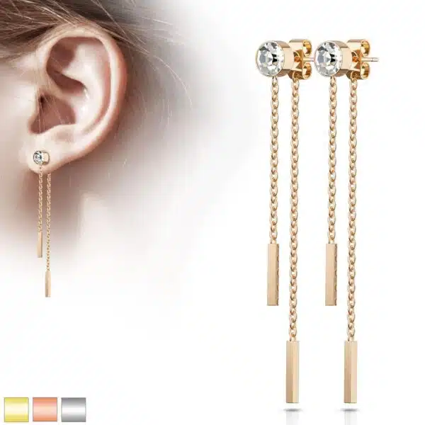 Paar threader oorbellen met 6 mm CZ steen en ketting + staafje - Afbeelding 2