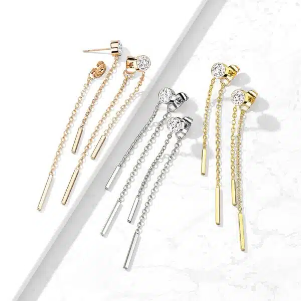 Paar threader oorbellen met 6 mm CZ steen en ketting + staafje