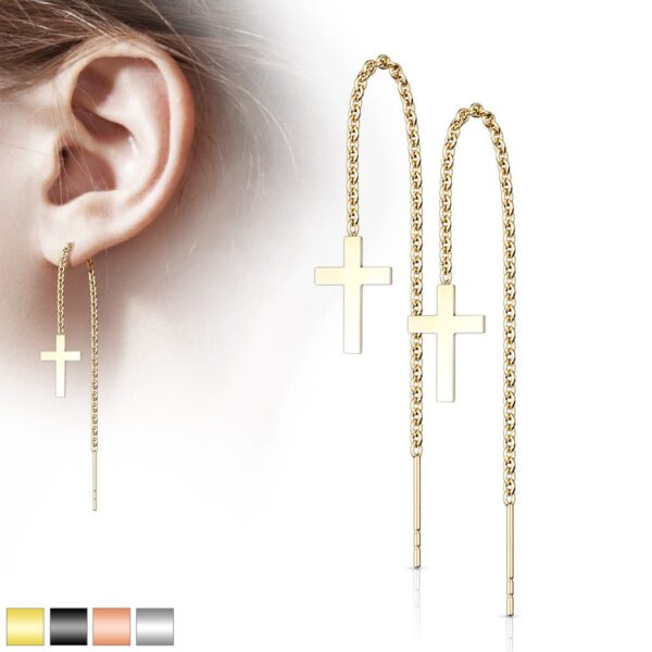 Paar threader oorbellen met ketting en kruisje - Afbeelding 2