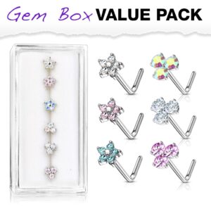 Set van 6  neus stud piercings met CZ bloem in een doorzichtig doosje