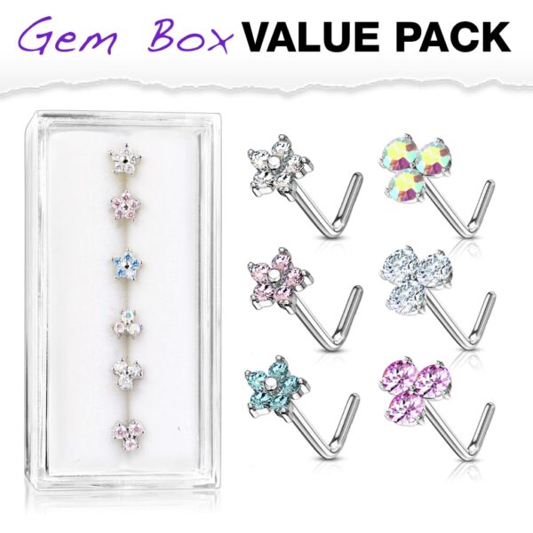 Set van 6  neus stud piercings met CZ bloem in een doorzichtig doosje