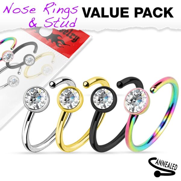 Set van 4 neus ringen met heldere steen van 316L chirurgisch staal