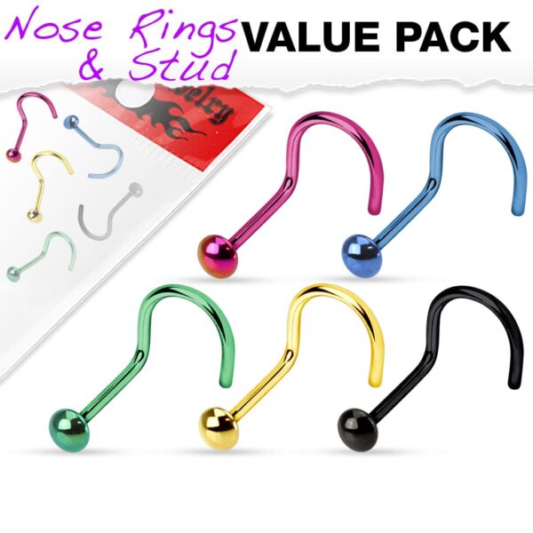 Set van 5 Neus screw piercings met half balletje in verschillende kleuren