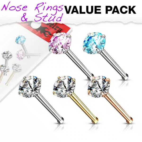 Set van 5 Neus bone piercings van 316L chirurgisch staal met CZ prong-set