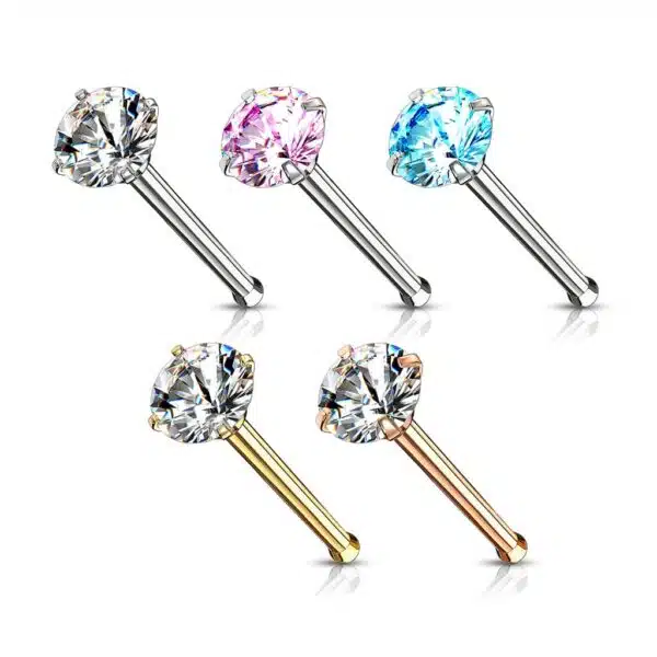 Set van 5 Neus bone piercings van 316L chirurgisch staal met CZ prong-set - Afbeelding 2