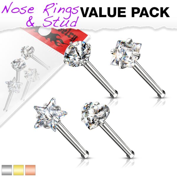 Set van 4 Neus bone piercings van 316L chirurgisch staal met CZ prong-set mix