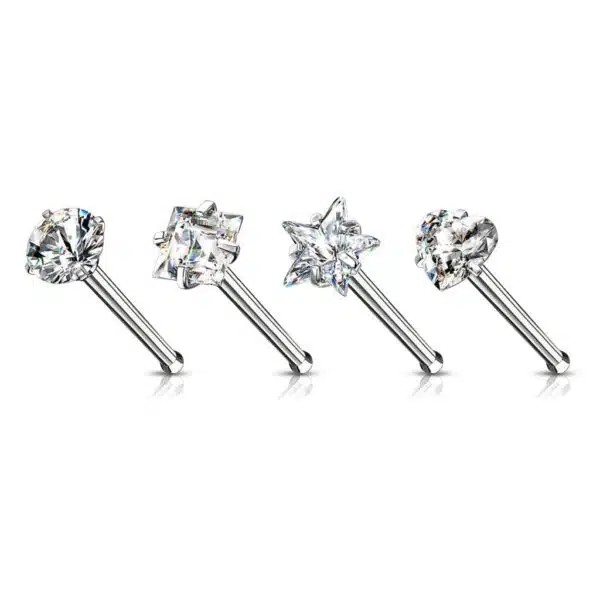 Set van 4 Neus bone piercings van 316L chirurgisch staal met CZ prong-set mix - Afbeelding 2