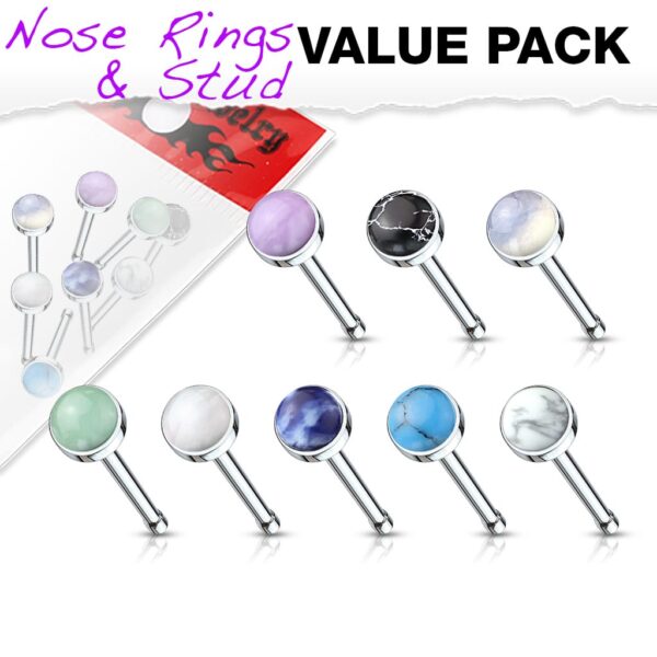 Set van 8 Neus bone piercings met halfedelsteen