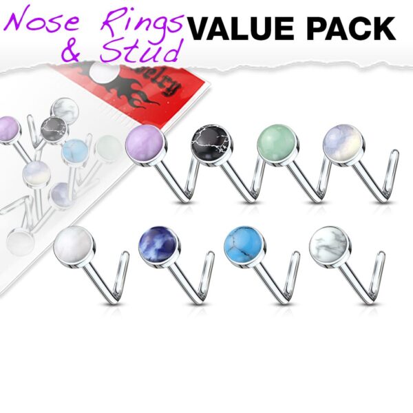 Set van 8 L-vormige neus stud piercings met halfedelsteen van 316L chirurgisch staal