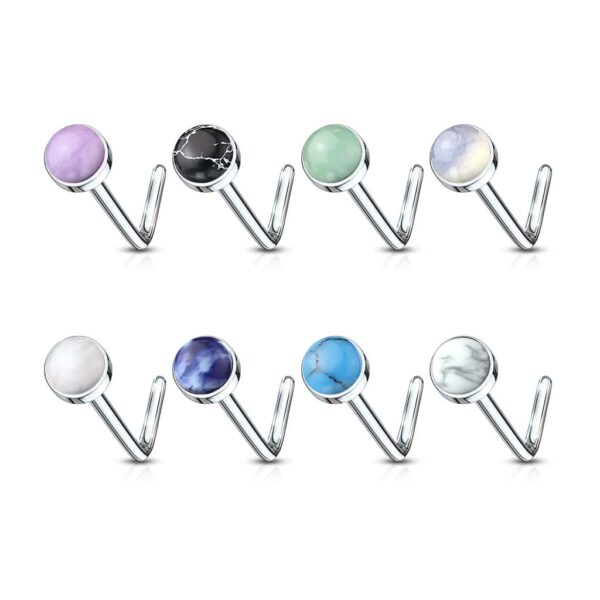Set van 8 L-vormige neus stud piercings met halfedelsteen van 316L chirurgisch staal - Afbeelding 2