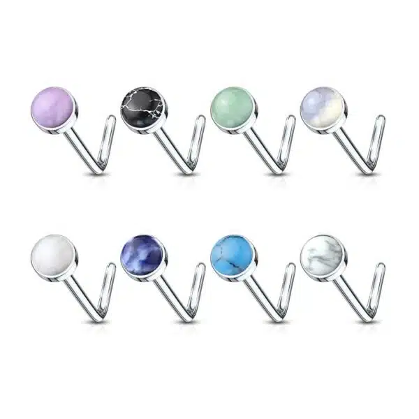Set van 8 L-vormige neus stud piercings met halfedelsteen van 316L chirurgisch staal - Afbeelding 2