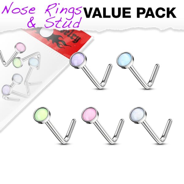 Set van 5 L-vormige neus stud piercings met heldere steen van 316L chirurgisch staal - Afbeelding 3