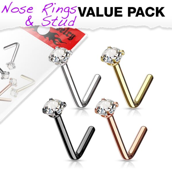 Set van 4 neus stud piercings van 316L chirurgisch staal met CZ prong-set