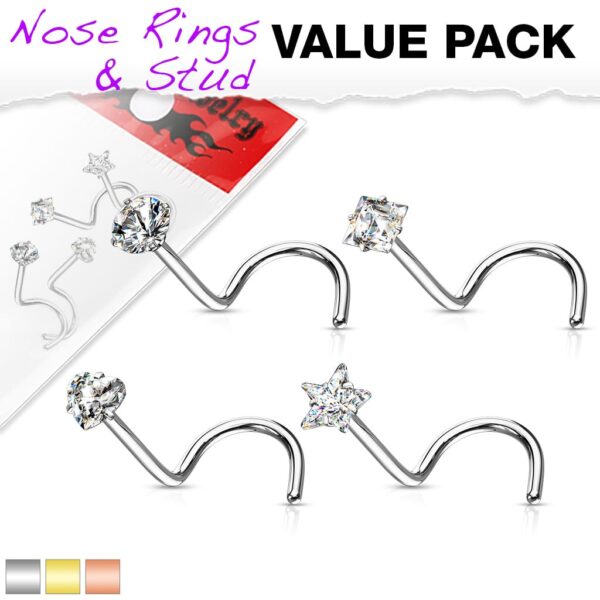 4-delige set van 316L chirurgisch staal neus screws met verschillende CZ prong-set