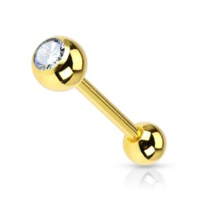 Barbell met goudkleurig verguld met heldere steen