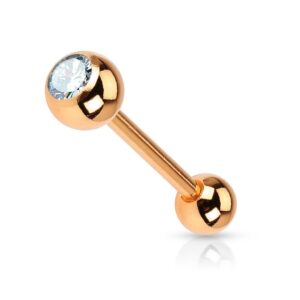 Barbell met rose goudkleurkleurig verguld met heldere steen