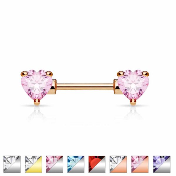 Barbell tepelpiercing hartjes stenen in kleur