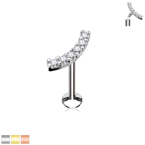 Intern geschroefde labret piercing met heldere CZ stenen in boog