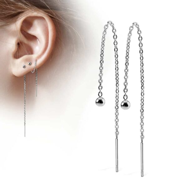 Paar threader oorbellen met ketting en balletje - Afbeelding 6
