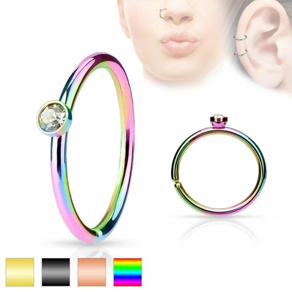Piercing ring in kleur met kristal steen en draai-sluiting