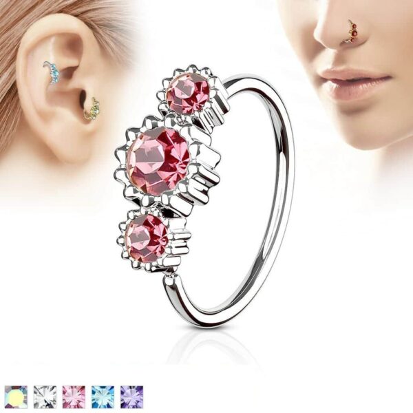 Piercing ring met 3 diamantjes in kleur