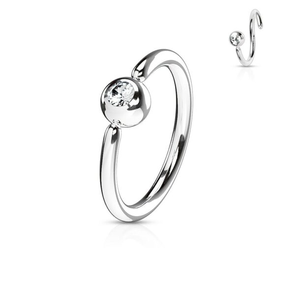 Piercing ring met balletje en heldere steen met draai-sluiting