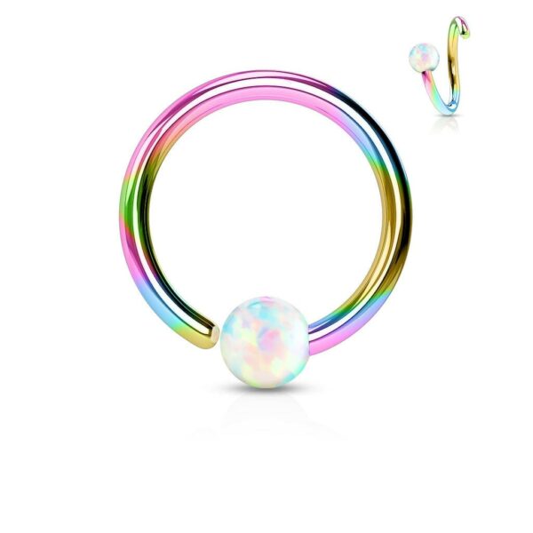 Piercing ring regenboog kleur met Opaal steen en draai-sluiting