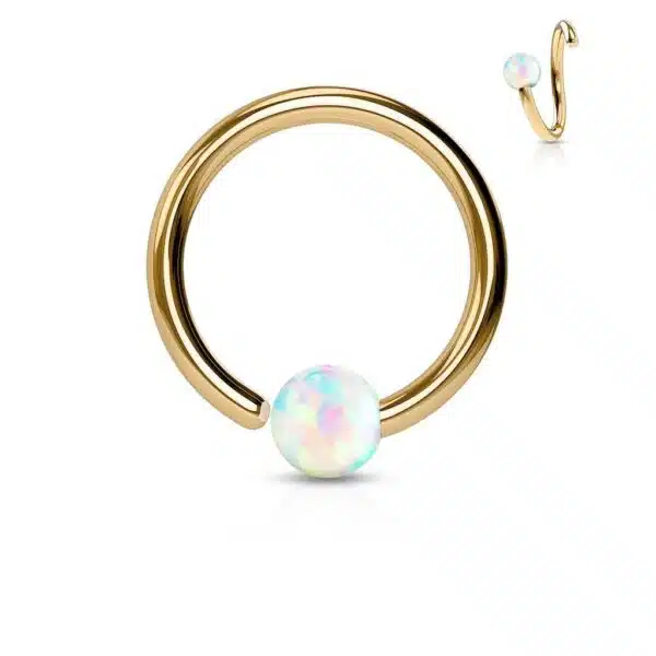 Piercing ring rose goudkleurig verguld met Opaal steen en draai-sluiting