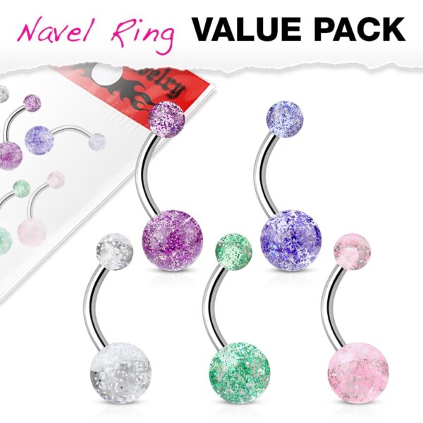 Set van 5 navelpiercings met glitterballetjes in verschillende kleuren