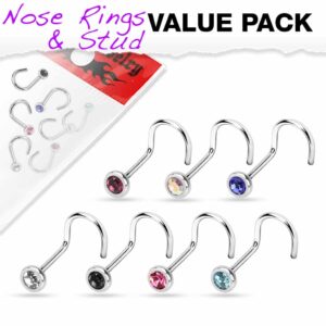 Set van 7 neus screw piercings met verschillende kleuren CZ stenen