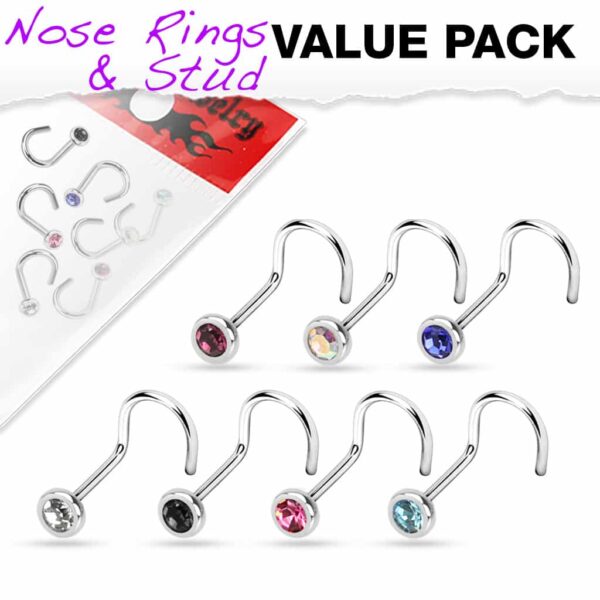 Set van 7 neus screw piercings met verschillende kleuren CZ stenen