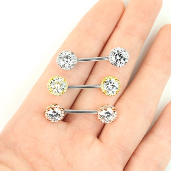 Tepelpiercing barbell met CZ stenen balletjes - Afbeelding 4