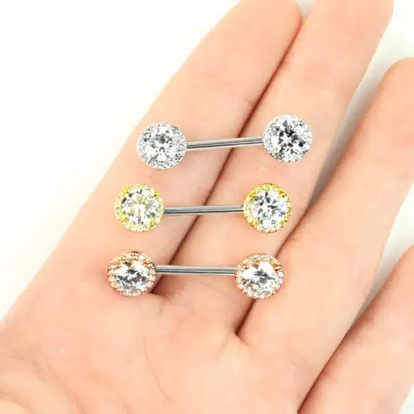 Tepelpiercing barbell met CZ stenen balletjes - Afbeelding 4