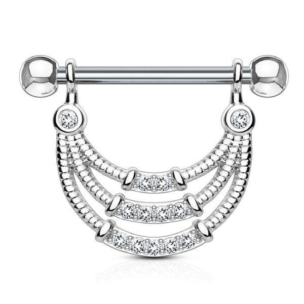 Tepelpiercing met 3 kettinkjes met heldere steentjes