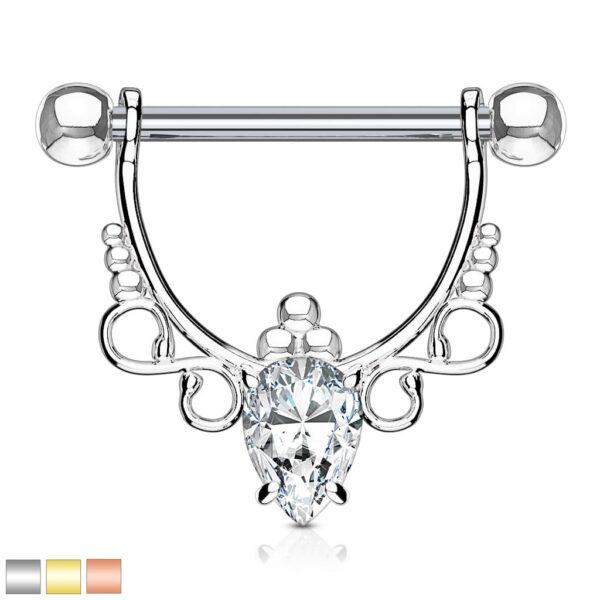 Tepelpiercing met barbell en hanger met filigraan en heldere steen