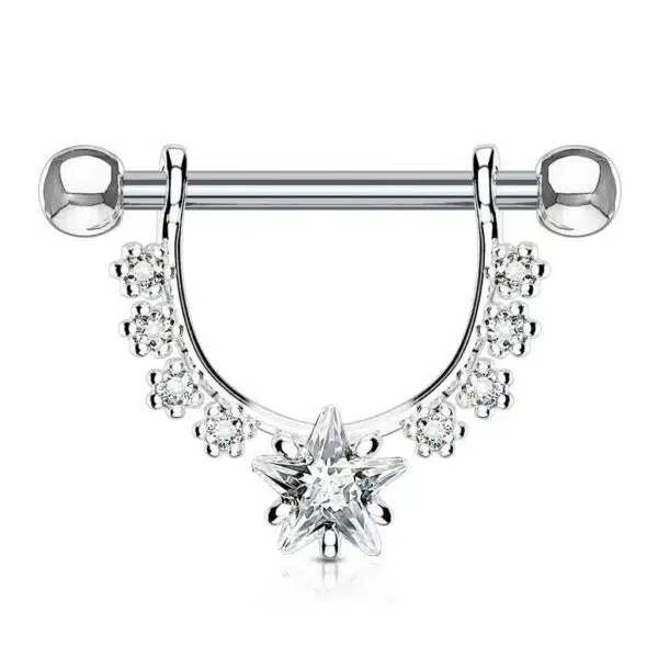 Tepelpiercing met heldere kristallen en ster steen