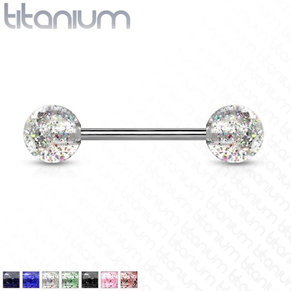 Titanium barbell met glitter balletjes in kleur