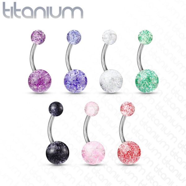 Titanium navelpiercing met glitterballetjes - Afbeelding 3