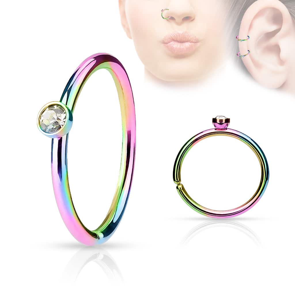 Piercing ring in kleur met kristal steen en draai-sluiting (Kleur: Regenboog)