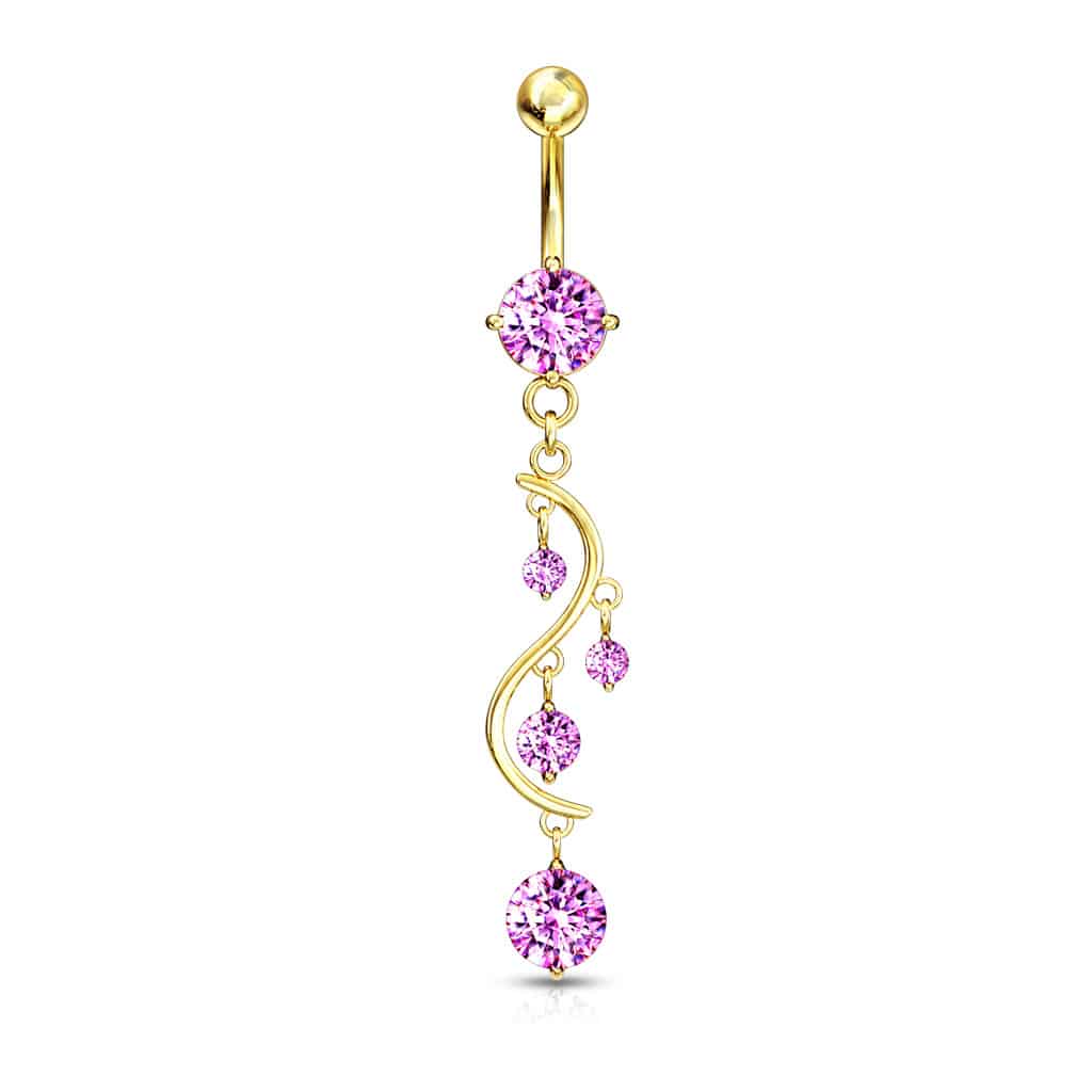 Navelpiercing met solitaire CZ en sierlijke CZ-bladhanger (Steenkleur: Roze)