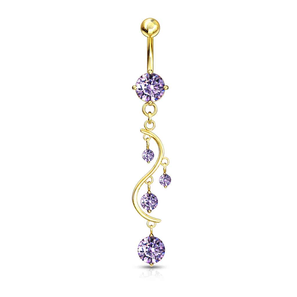 Navelpiercing met solitaire CZ en sierlijke CZ-bladhanger (Steenkleur: Tanzanite)