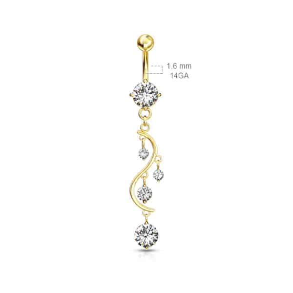 Navelpiercing met solitaire CZ en sierlijke CZ-bladhanger - Afbeelding 2